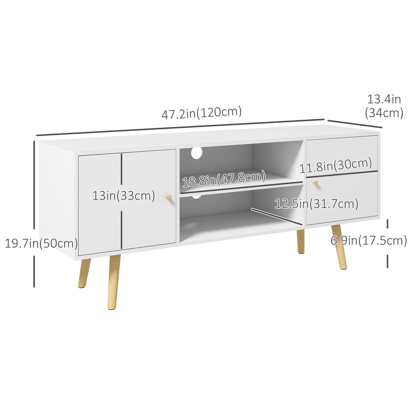 TV Stand Cabinet for TVs up to 55 Inches, Entertainment Unit with Storage Shelves and Wood Legs for Living Room, White