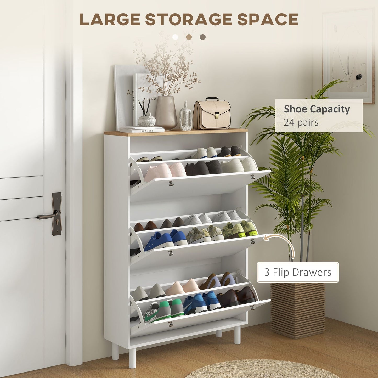 Shoe Storage with 3 Flip Drawers and Adjustable Shelves, Entryway Shoe Storage Cabinet for 24 Pairs of Shoes, White