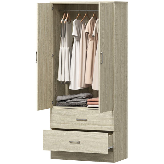 Wardrobe Closet Armoire with Hanging Rod and 2 Doors, Clothes Storage Organizer with 2 Drawers for Bedroom, Oak