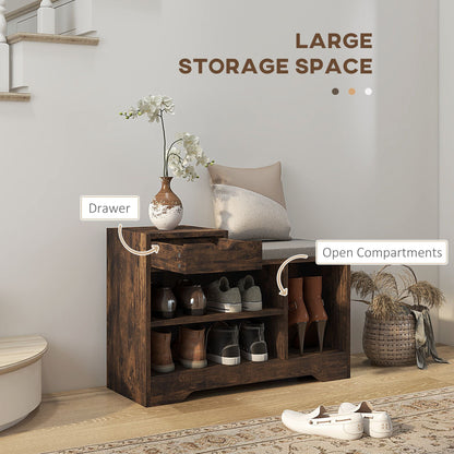 Upholstered Shoe Storage Bench, Hallway Shoe Storage with Seat, Drawer, 3 Open Shelves for Entryway, Rustic Brown