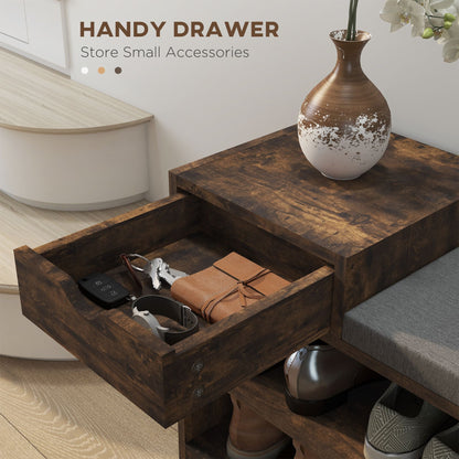 Upholstered Shoe Storage Bench, Hallway Shoe Storage with Seat, Drawer, 3 Open Shelves for Entryway, Rustic Brown