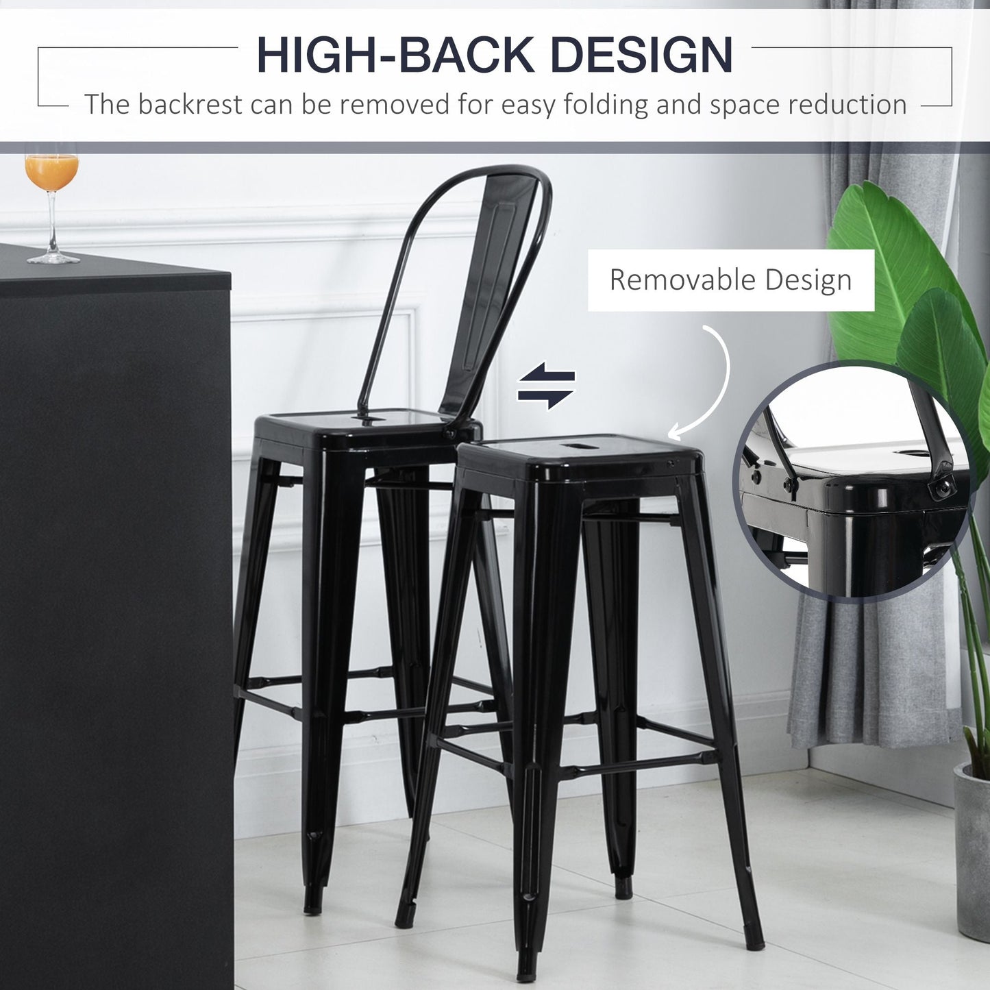 Set of 4 Bar Stools Kitchen Industrial Breakfast Bistro Cafe Metal Frame Black