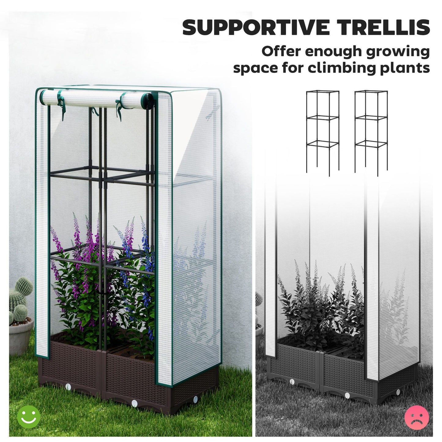 Raised Garden Bed Kit with Trellis, Raised Flower Bed with PE Cover and Zipper Door, 31.5 x 15.7 x 48.8 inch, Brown