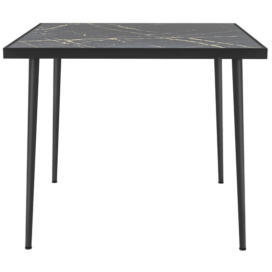 Outdoor Dining Table for 4, Square Patio Dining Table with Marble Effect Tempered Glass Top and Steel Frame, Black