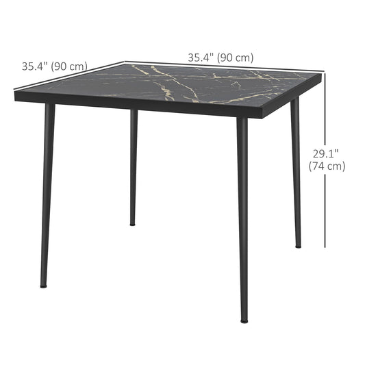 Outdoor Dining Table for 4, Square Patio Dining Table with Marble Effect Tempered Glass Top and Steel Frame, Black