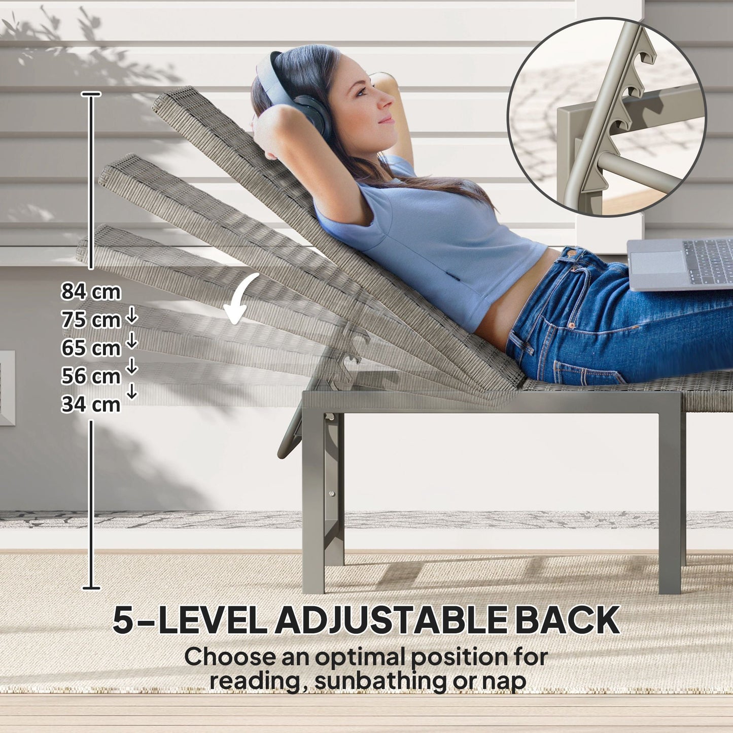 Wicker Outdoor Lounge Chair, Rattan Reclining Patio Lounger Tanning Chair with Adjustable Back, Light Grey