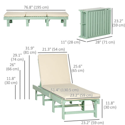 Wooden Folding Chaise Lounge, Outdoor Chaise Lounge Chair, Garden Reclining Tanning Chair with 4 Adjustable Back Soft Cushions, Green