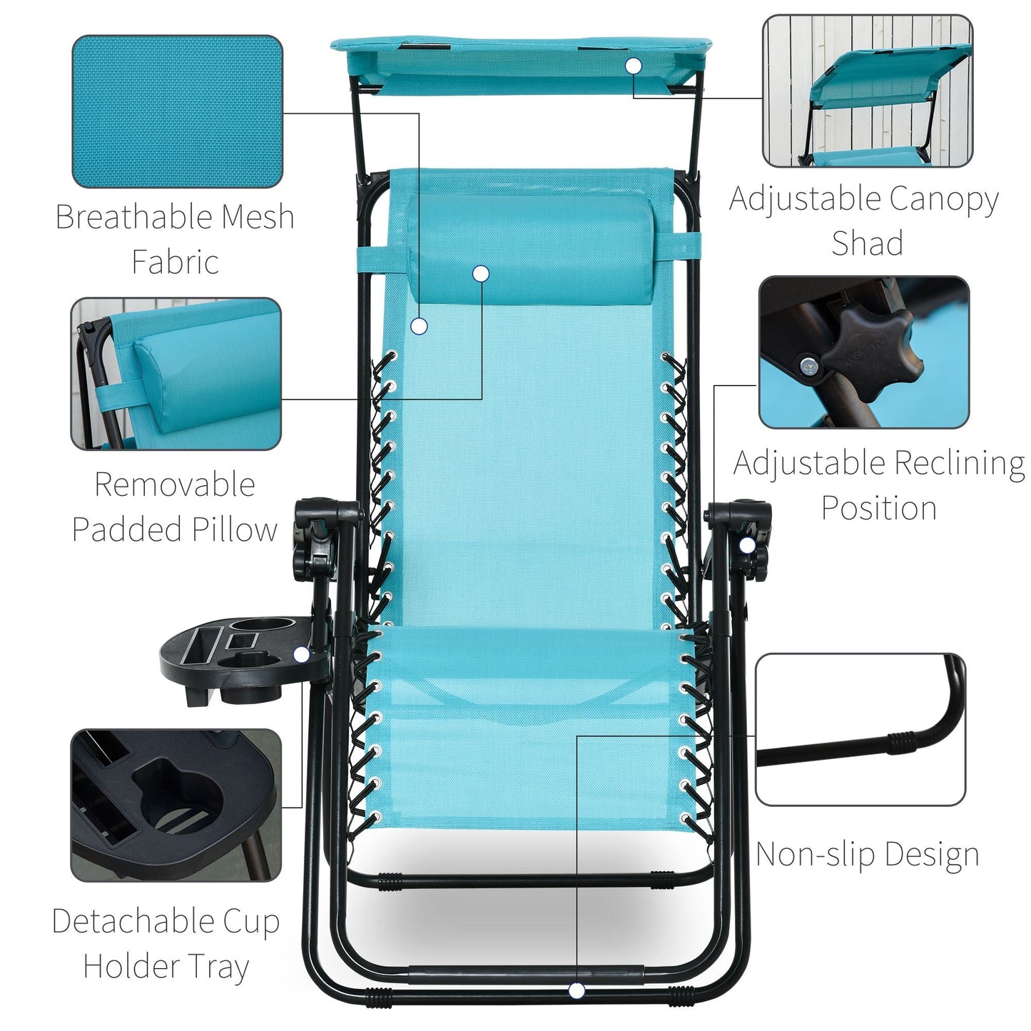2 Piece Foldable Lounge Chair with Canopy Shade, Outdoor Zero Gravity Chair w/ Side Tray & Cup Holder, Reclining Lounger w/ Breathable Mesh Fabric Seat, Pillow, Sky Blue