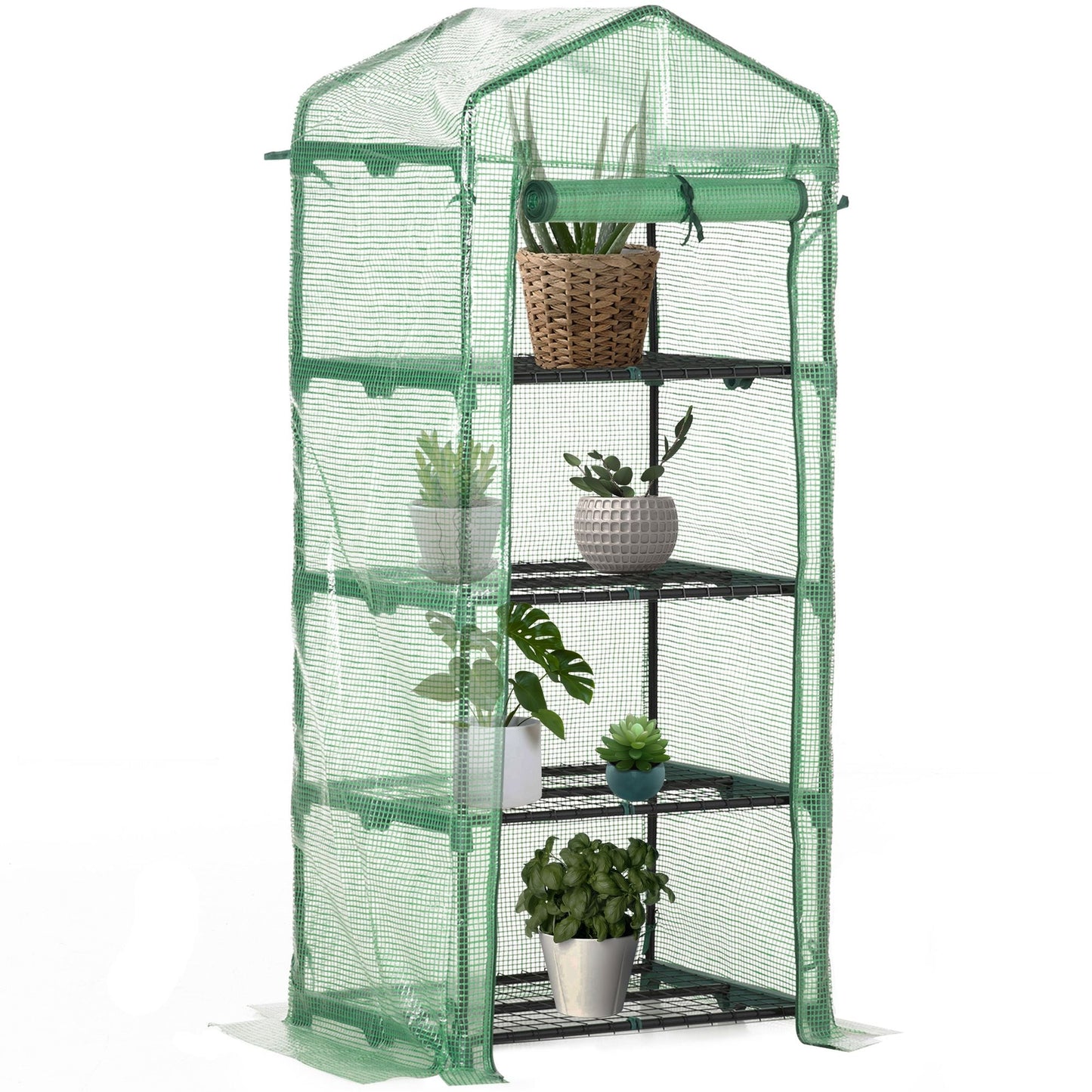 Portable Greenhouse, Outdoor Hot House Plant Flower Greenhouse with 4 Tier Shelves, Steel Frame, PE Cover, Dark Green