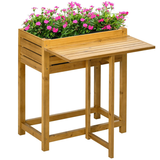 Raised Garden Bed with Folding Side Table, Elevated Wood Planter Box for Flowers and Vegetables, Use for Patio, Balcony