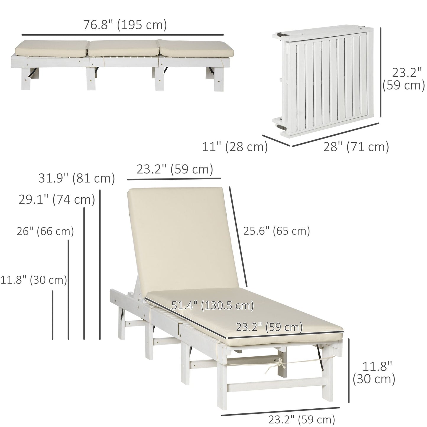 Wooden Folding Chaise Lounge, Outdoor Chaise Lounge Chair, Garden Reclining Tanning Chair with 4 Adjustable Back Soft Cushions, Light Grey