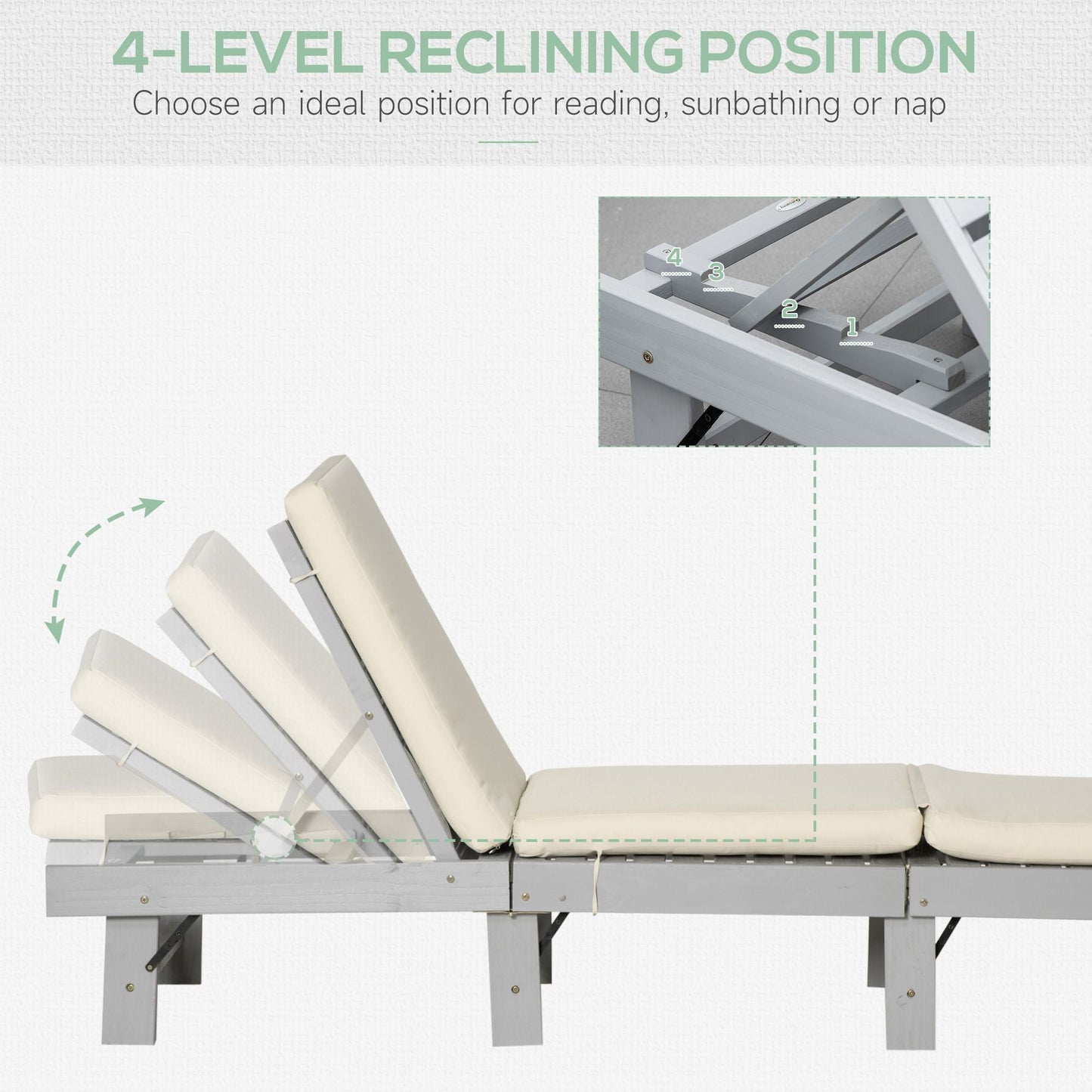 Wooden Folding Chaise Lounge, Outdoor Chaise Lounge Chair, Garden Reclining Tanning Chair with 4 Adjustable Back Soft Cushions, Light Grey