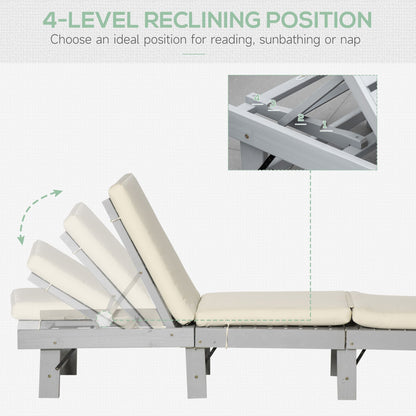 Wooden Folding Chaise Lounge, Outdoor Chaise Lounge Chair, Garden Reclining Tanning Chair with 4 Adjustable Back Soft Cushions, Light Grey