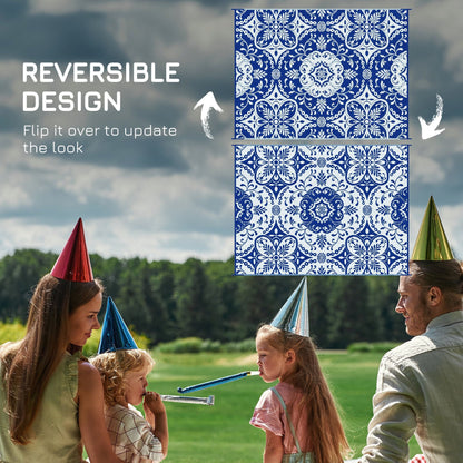 Portable Outdoor Rug with Carry Bag, 9' x 12' Reversible Mat, Waterproof Plastic Straw RV Rug for Backyard, Deck, Picnic, Beach, Camping, Blue & White Flower