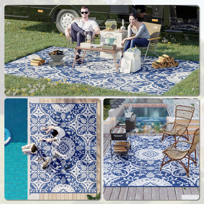Portable Outdoor Rug with Carry Bag, 9' x 12' Reversible Mat, Waterproof Plastic Straw RV Rug for Backyard, Deck, Picnic, Beach, Camping, Blue & White Flower