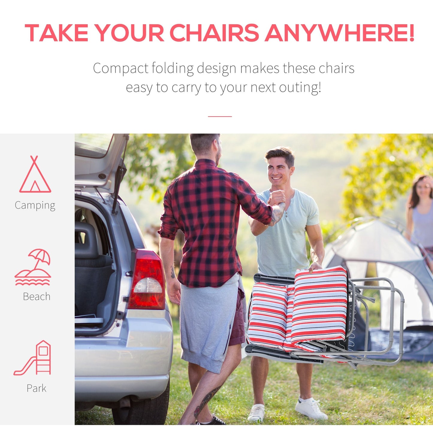 Set of 2 Garden Sun Lounger, Outdoor Reclining Seat Cushioned Seat, Foldable Adjustable Recliner, Grey and Red