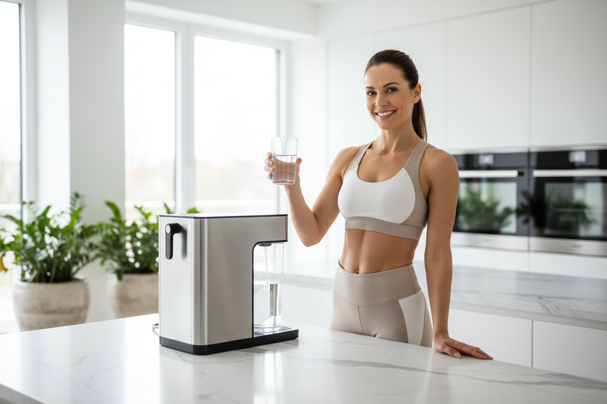 design a high converting promotional image of a fitness woman using an echo hydrogen water machine at home in her bright clean luxury home, she should look  happy, healthy. avoid text or words.