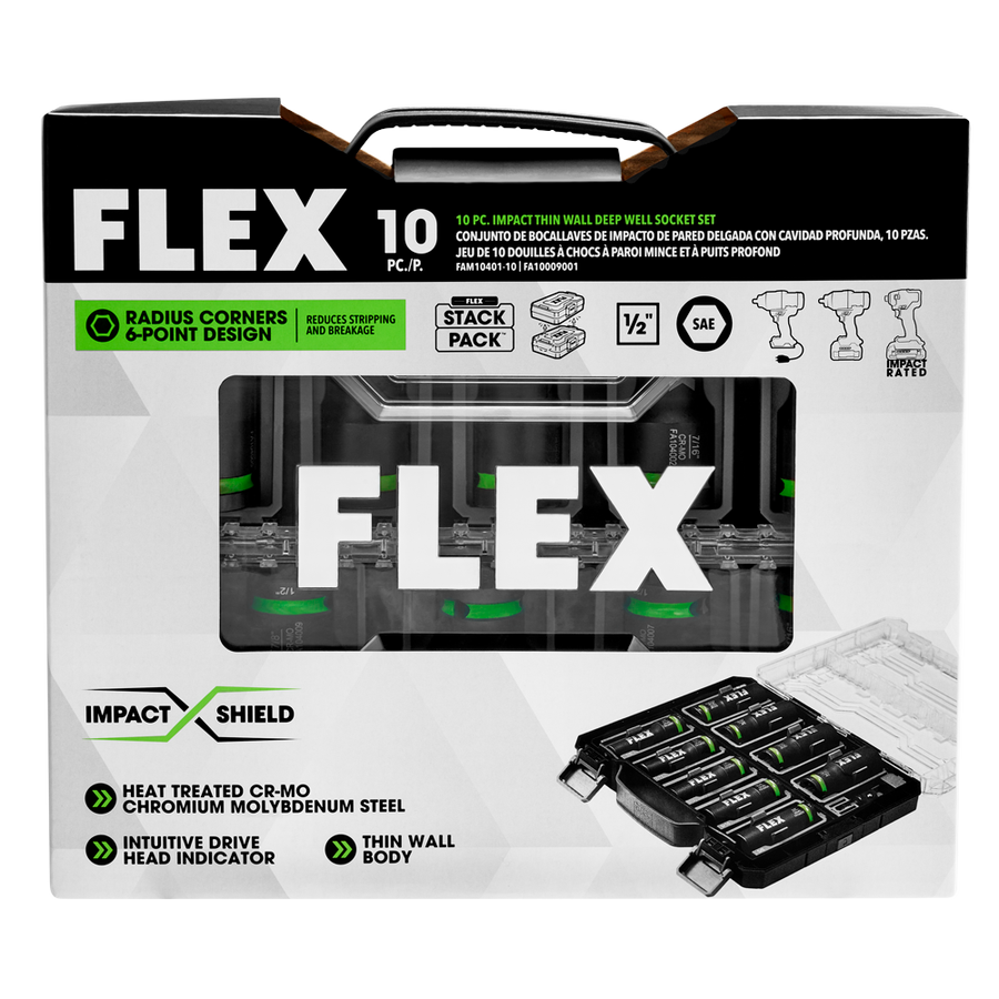 FLEX FAM10401-10 10pc Thin Wall Deep Well 6-point 1/2" Drive Impact Nut Socket Set