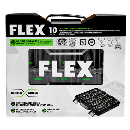 FLEX FAM10401-10 10pc Thin Wall Deep Well 6-point 1/2" Drive Impact Nut Socket Set