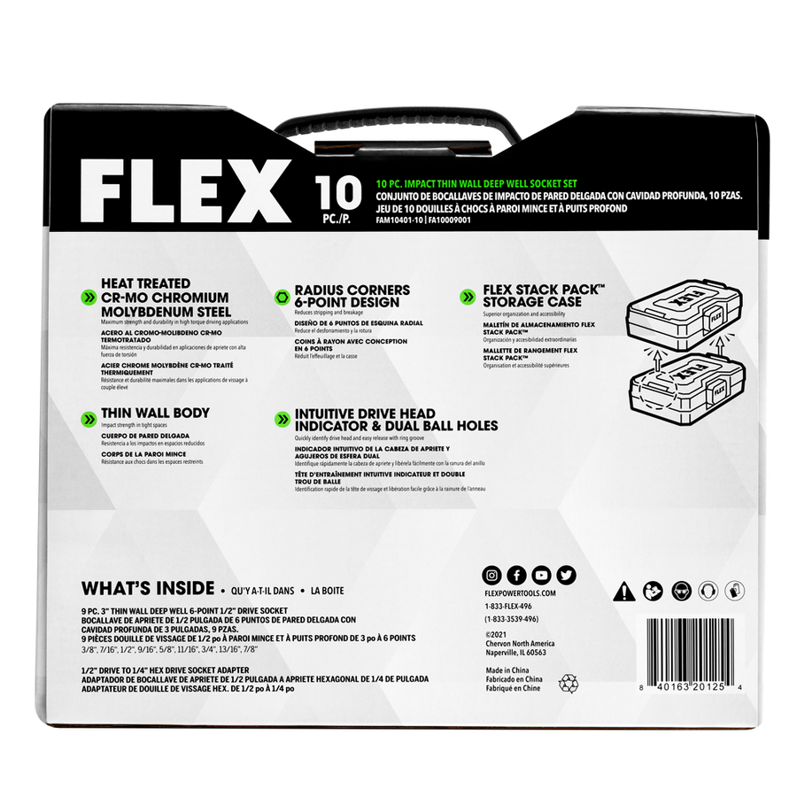 FLEX FAM10401-10 10pc Thin Wall Deep Well 6-point 1/2" Drive Impact Nut Socket Set