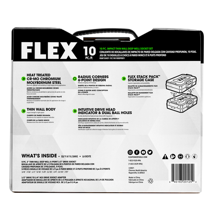 FLEX FAM10401-10 10pc Thin Wall Deep Well 6-point 1/2" Drive Impact Nut Socket Set