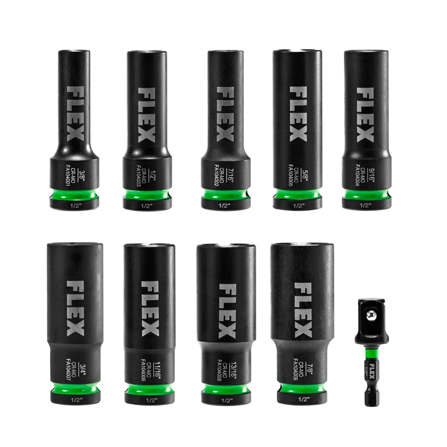 FLEX FAM10401-10 10pc Thin Wall Deep Well 6-point 1/2" Drive Impact Nut Socket Set