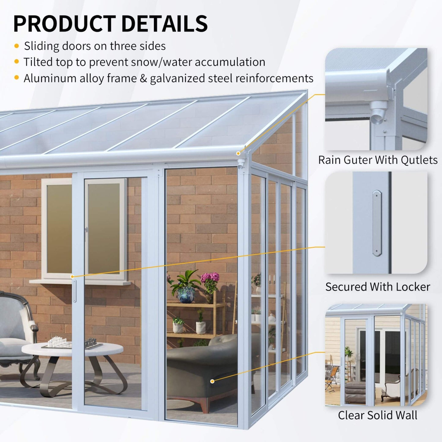 [10X14FT] Heavy-Duty All-Season Aluminum Alloy Patio Sunroom With 3 Lockable Sliding Doors (SAK62713)
