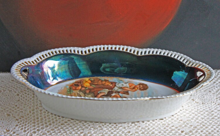 Antique Bavarian Porcelain Bowl, Children Playing Scene, Scalloped Rim