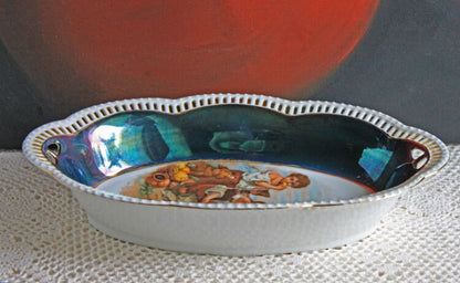 Antique Bavarian Porcelain Bowl, Children Playing Scene, Scalloped Rim