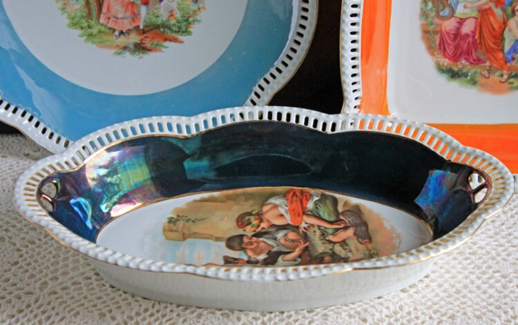 Antique Bavarian Porcelain Bowl, Children Playing Scene, Scalloped Rim