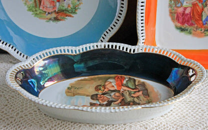 Antique Bavarian Porcelain Bowl, Children Playing Scene, Scalloped Rim