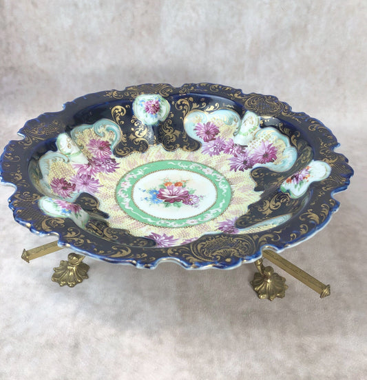 Antique Bowl with Stand - Intricate Hand Decorated Dish with 22K Gold