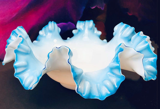 Large Vintage Fenton Blue Opalescent Glass Bowl, Ruffled Rim