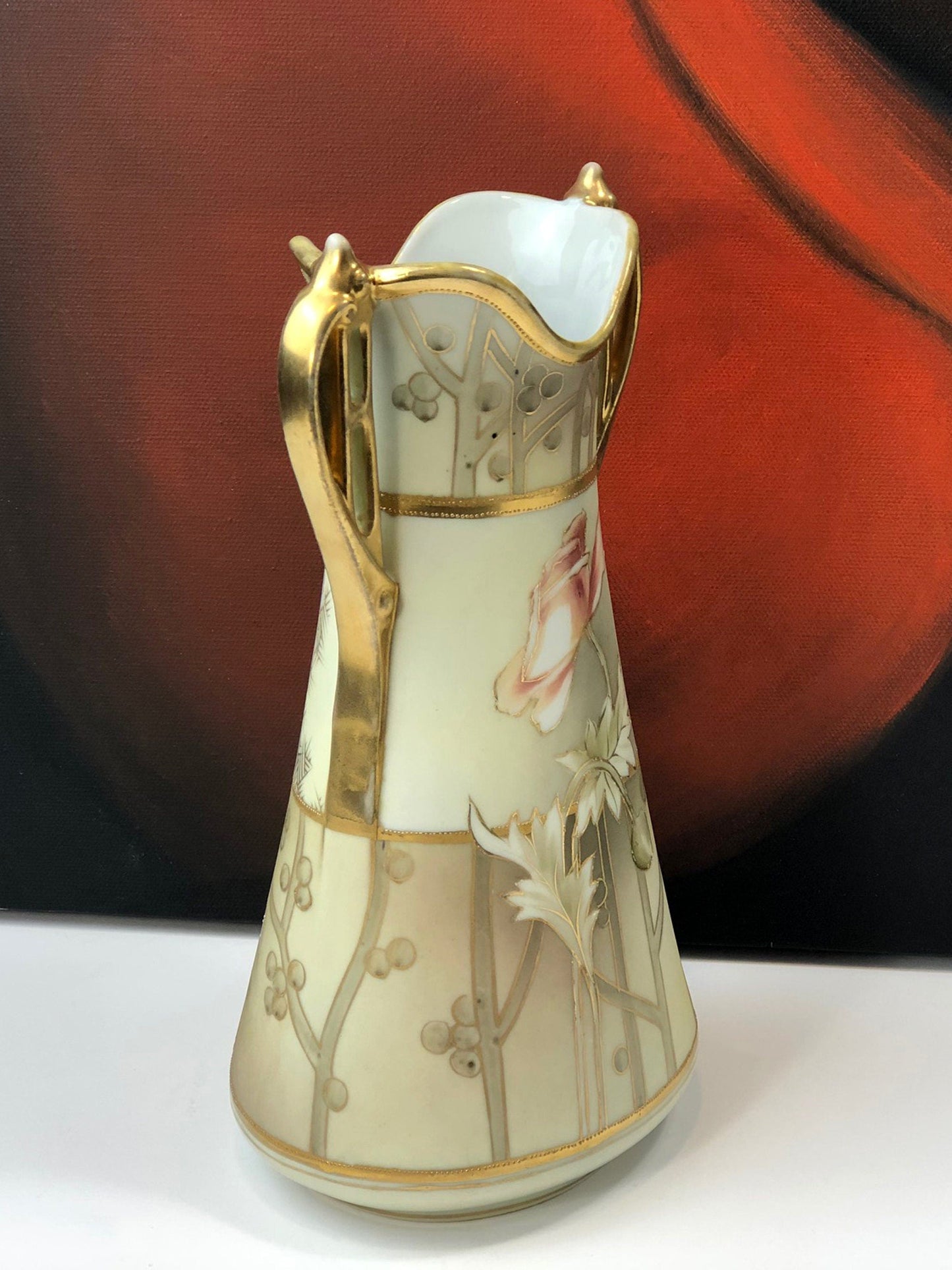 Hand Painted Art Nouveau Nippon Vase, Antique Japanese Gold Floral Urn