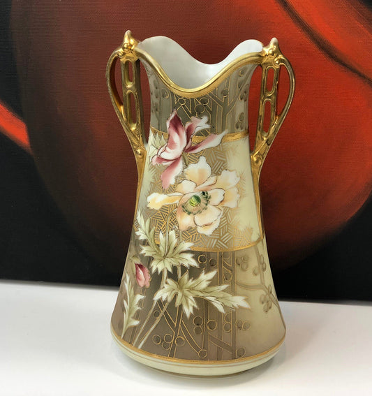 Hand Painted Art Nouveau Nippon Vase, Antique Japanese Gold Floral Urn