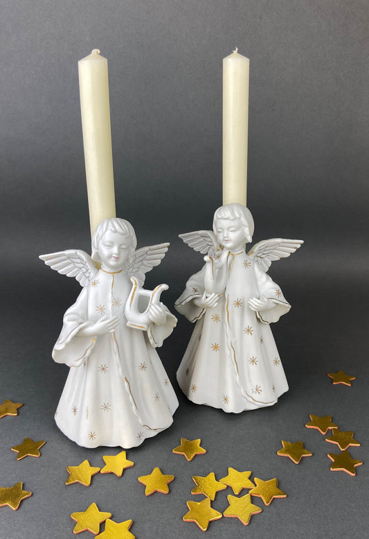 Angel Candle Stick Holders by Schmid Brothers. Set of Two Porcelain Angels Playing Harp. Made in Japan.