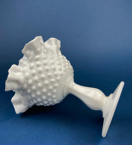 Fenton Milk Glass Compote, Hobnail Scalloped Ruffle Bowl