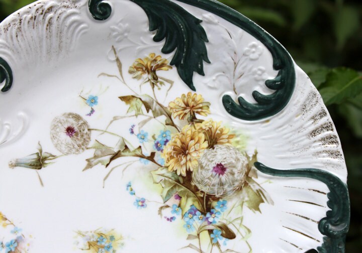 Antique Hand Painted Porcelain Platter with Dandelions and Forget-Me-Nots