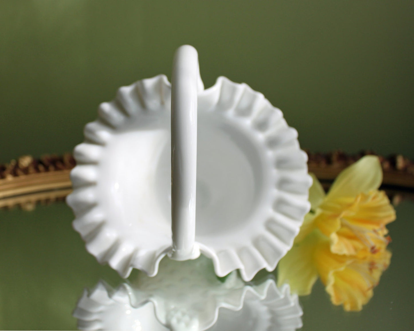 Fenton Crystal Basket. Milk Glass Hobnail Pattern Basket with Ruffled Rim.  Colectible Home  or Wedding Milk Glass.