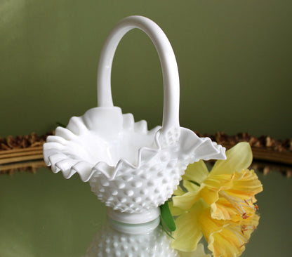 Fenton Crystal Basket. Milk Glass Hobnail Pattern Basket with Ruffled Rim.  Colectible Home  or Wedding Milk Glass.