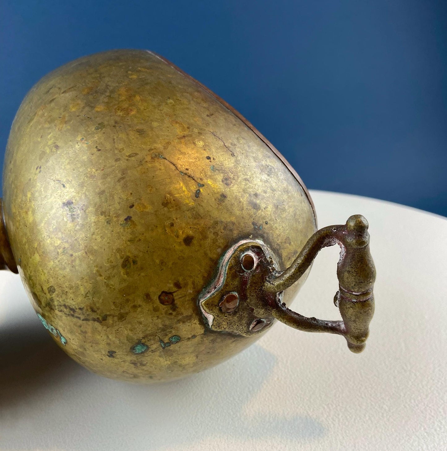 Antique Hand Hammered Brass & Copper Jardiniere Footed Flower Pot Vase. Herb Growing Container. Rustic Table Decor. 19th C Imperial Russia.