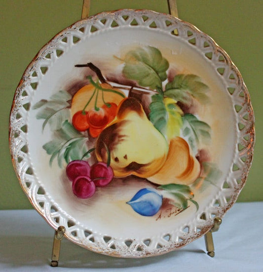 Vintage Decorative with Lacy Scalloped Rim & Hand Painted Fruit