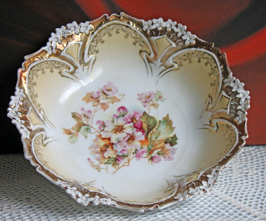Porcelain Bowl by RS Prussia with Hand Painted Wild Roses and Embossing