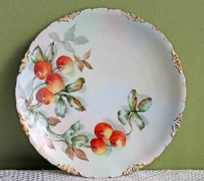 Vintage Bavarian Porcelain Plate, Hand-Painted Cherries & 22K Gold Rim