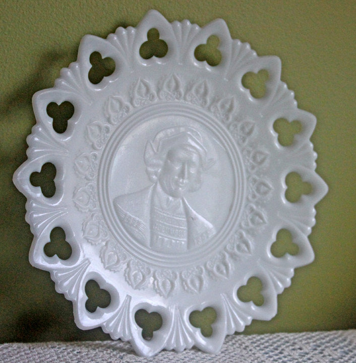 Milk Glass Display Plate with Lacy Rim - Embossed Columbus