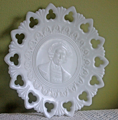 Milk Glass Display Plate with Lacy Rim - Embossed Columbus