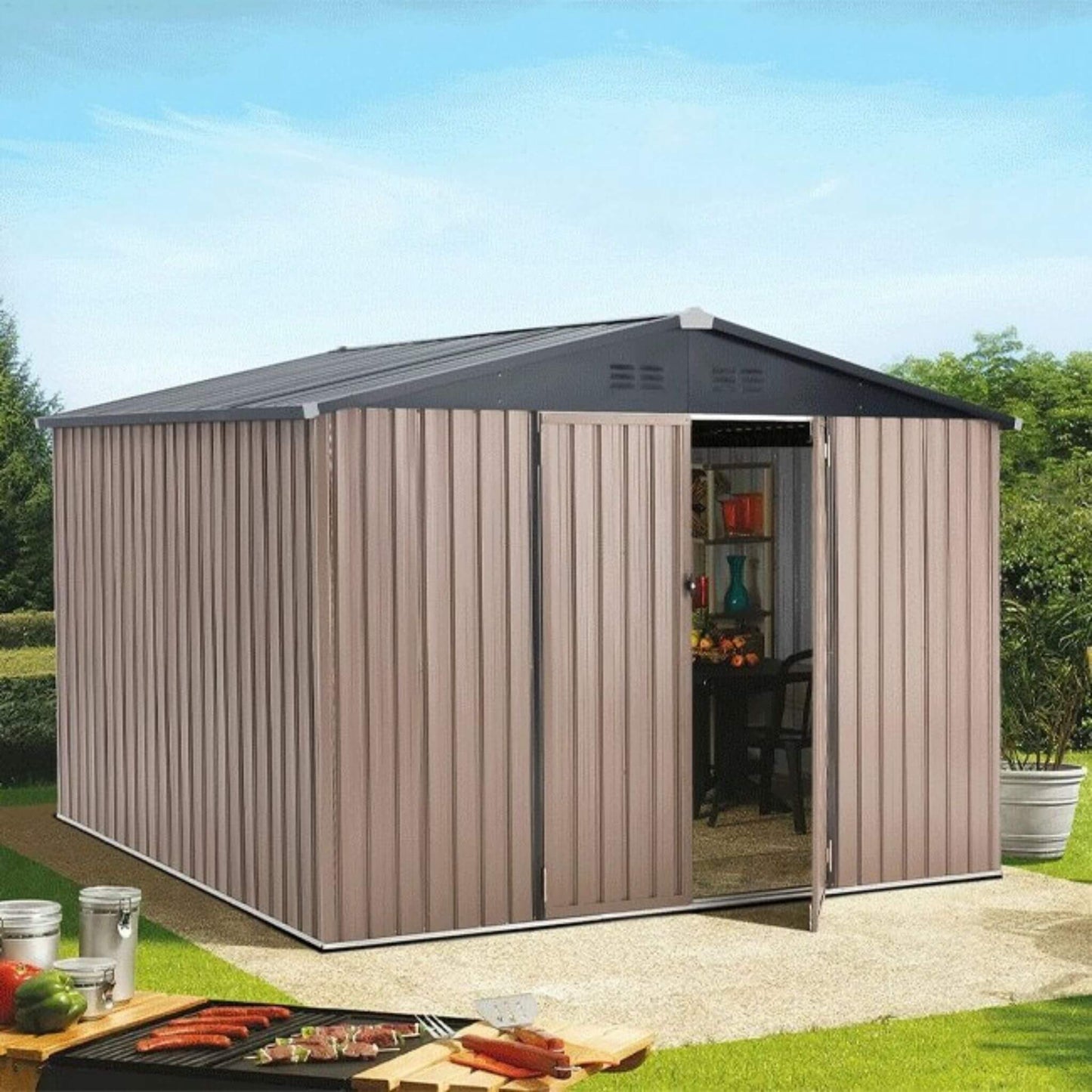 [08X10FT] Alora Large Heavy-Duty Outdoor Metal Garden Tools Storage Utility Shed W/ Lockable Door (SAK72751)