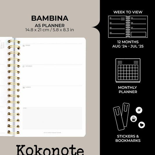 Kokonote Misty Gray A5 Academic Planner 2024-2025 Weekly 12 Months