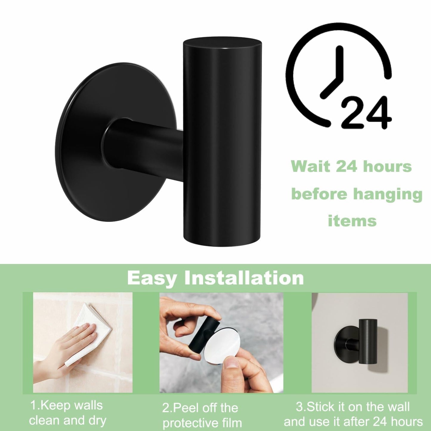 2 Pack Matte Black Stainless Steel Towel Hooks Waterproof Heavy Duty