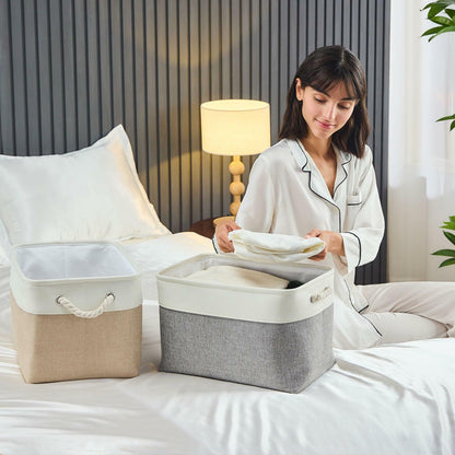 HOdo Home 3PCS Fabric Storage Bins 15x11x9.5in White Grey Collapsible Cubes